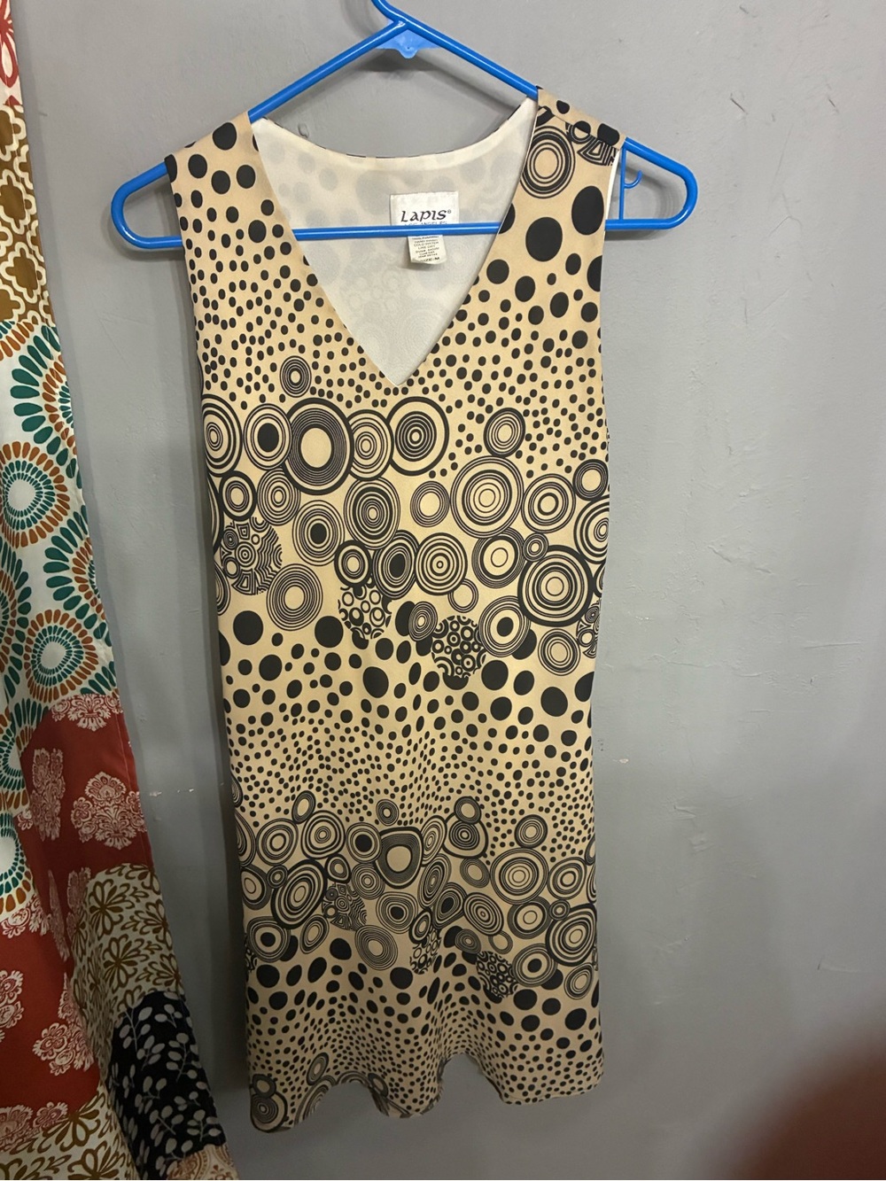 Lapis Beige Sleeveless V-Neck Midi Dress with Black Circle Print